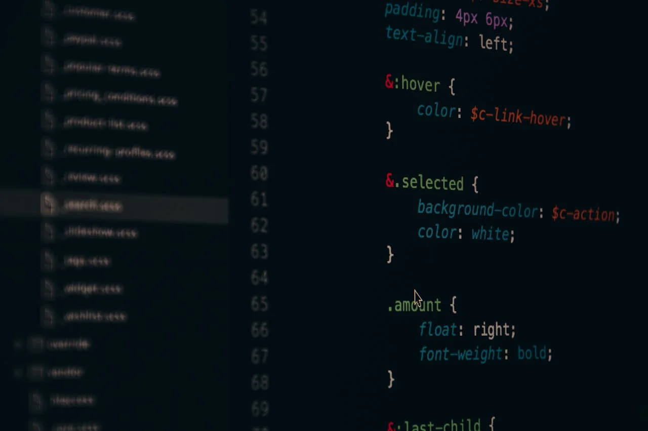 about-02 Close-up of colorful CSS code lines on a computer screen for web development.